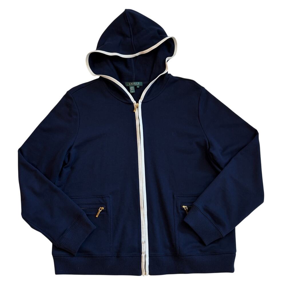 Lauren Ralph Lauren Hoodie Womens Size XL Blue Full Zip Casual Preppy Old Money